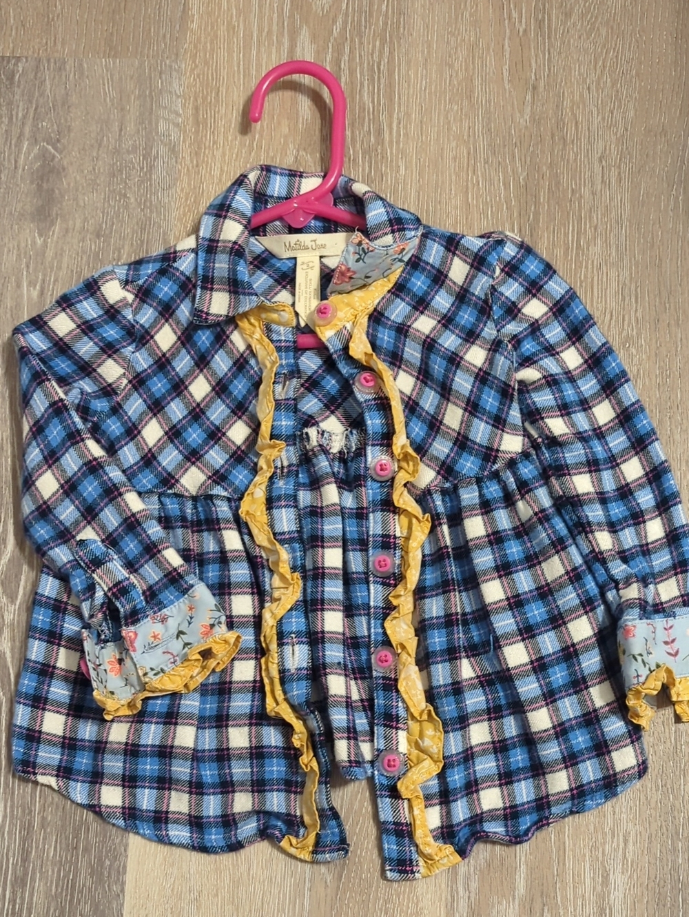 Matilda Jane Blue Plaid Button-Down Shirt with Yellow Ruffle